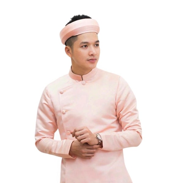 Pink Taffeta Silk Ao Dai for Men: Traditional Vietnamese Wedding Attire