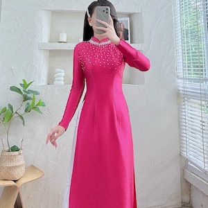 Hot Pink Ao Dai Designed Pearls Around Neck | Vietnamese Traditional Long Dress | Ao Dai Dress | Ao Dai For Women | Wedding Ao Dai -No Pants
