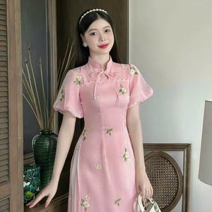 Pink Ao Dai with White Floral Embroidery | Vietnamese Modernized Ao Dai | Women Ao Dai Dress | Vietnamese Ao Dai Dress | Áo Dài Xinh Việt