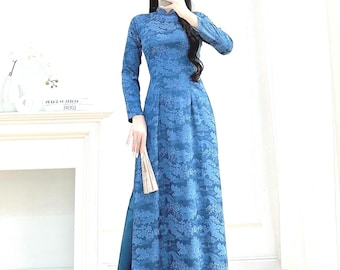Vestido tradicional vietnamita azul real con pantalón - Uniforme Ao Dai - Tallas S-7XL