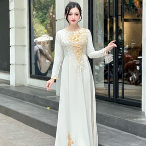 Elegant White Vietnamese Traditional Ao Dai Dress- NO Pants | Vietnamese Ao Dai with Hand-beading Gold crystals | Wedding Vietnamese
