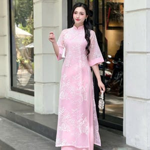 Pink Ao Dai: Modern Vietnamese Dress with White Embroidery (No Pants)