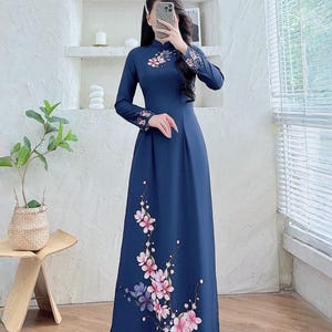 Sakura Floral Dark Blue Silk Ao Dai: Vietnamese Traditional Dress