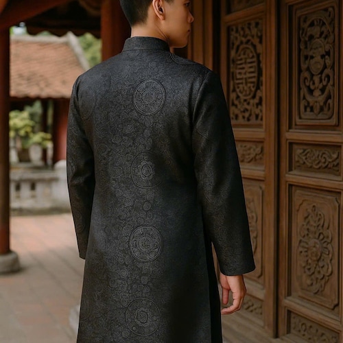 Black Brocade Ao Dai for Men: Vietnamese Lunar New Year Dress - Men Outfit for Tt Black Brocade Ao Dai for Men: Vietnamese Lunar New Year Dress - Men Outfit for Tt