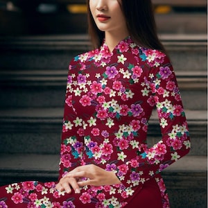 3D Floral Print Vietnamese Ao Dai Dress