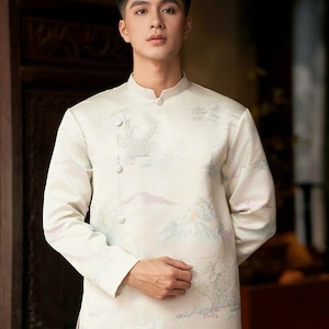 Cream Gấm Vietnamese Ao Dai Dress: Modern Groomsmen Attire - Festival Vietnamese