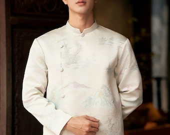 Cream Gấm Vietnamese Ao Dai Dress: Modern Groomsmen Attire - Festival Vietnamese