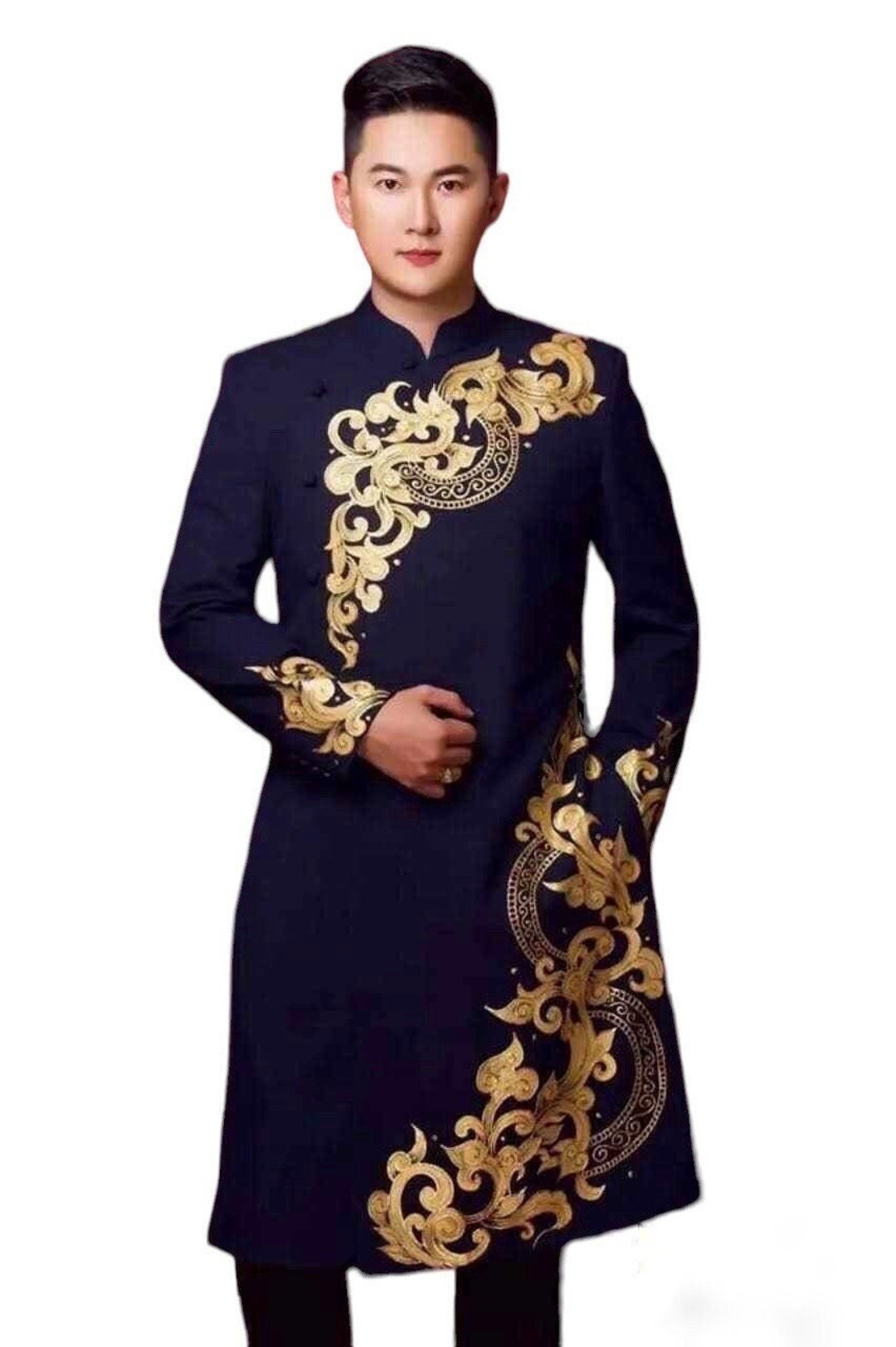 Blue Ao Dai for men, Vietnamese Tafta Long Dress for men, No pants G2