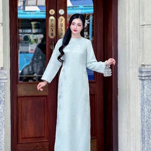 Pastel Blue Gấm Ao Dai - NO Pants | Vietnamese Ao Dai with Round neck | Wedding Vietnamese | Áo Dài Gấm
