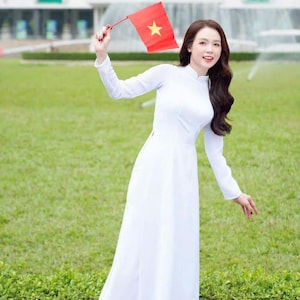 White Ao Dai Vietnamese Gam Beaded Long Dress With Matching