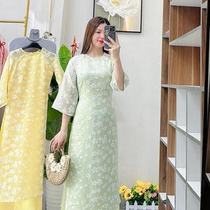 Light Green Modern Ao Dai Top | Pre-made Vietnamese Ao Dai No Pants | Ao Dai For Women | Lunar New Year | Vietnamese Ao Dai |Loose Fit Dress