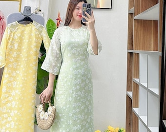 Light Green Modern Ao Dai Set: Vietnamese Dress - Women's Ao Dai - Round neck - Sheer Sleeves