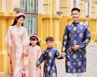 Navy Blue\ Pink Vietnamese Ao Dai - Family Outfit for Tet - Couple Ao Dai - Women Ao Dai - Ao Dai For Men - Áo Dài Du Xuân