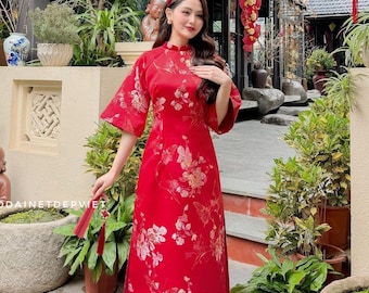 Red\Pink Ao Dai Jacquard Silk - No Pants | Vietnamese Modernized Dress For Women | Ao Dai For Girls | Ao Dai Gấm | Ao Dai for Wedding