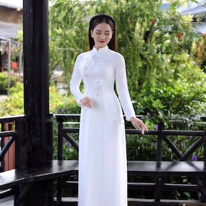 White 3D Floral Ao Dai | Vietnamese Dress For Women | Ao Dai Dress For Women ao dai Tet Lunar New Year | Vietnamese Long Dress