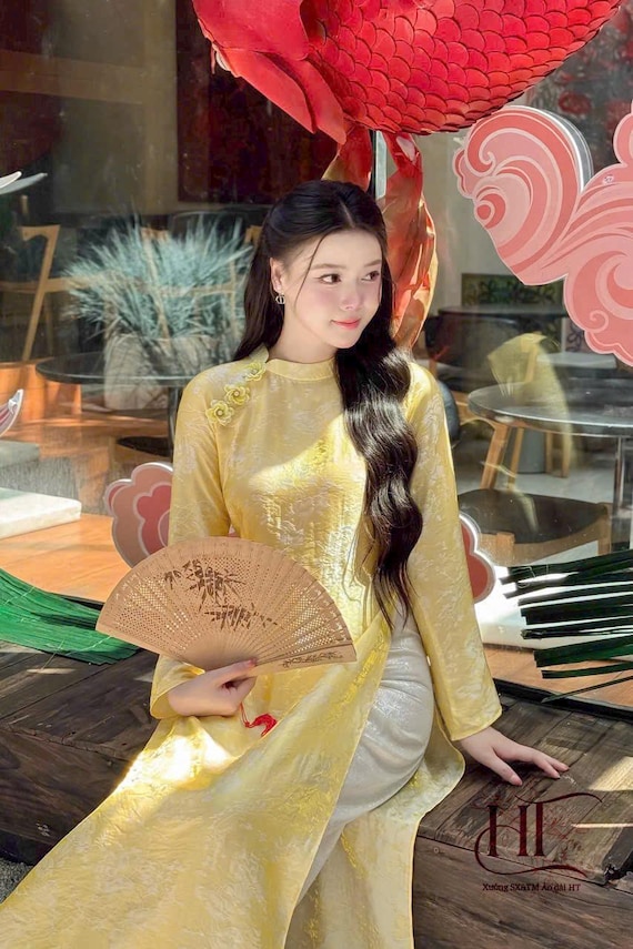 Yellow Tencel Silk Áo Dài Top - Modern Vietnamese Dress - Ao Dai Vietnam - Women Long Dress