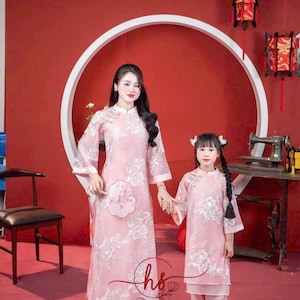 Pink Matching Ao Dai Mom Daughter | Vietnamese Modernized Ao Dai | Ao Dai For Girls | Ao Dai Dress | Baby Girl Ao Dai | Kids Ao Dai