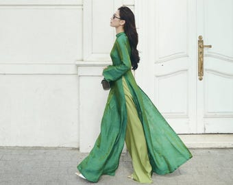 Green Tencel Silk Traditional Ao Dai | Vietnamese Women Ao Dai | Ao Dai With Pants