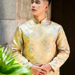 Men Gold Jacquard Ao Dai Vietnam | Vietnamese Ao Dai Men Modern | Ao Dai For Men | Men Shiny Gold Dragon Gam Ao Dai | Ao Dai Vietnam Wedding