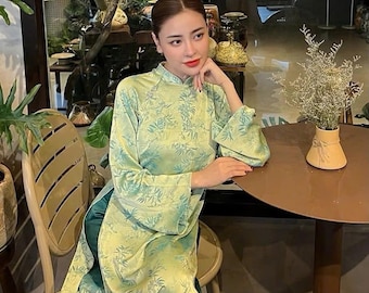 Set Light Green To Gam Silk Ao Dai - Vietnamese Festival Outfit - Ao Dai Viet - Bamboo Pattern Ao Dai - Women's Ao Dai