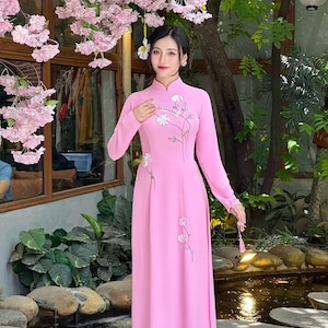 Vietnamese Traditional Ao Dai with design 3D Floral Ribbon | Long Dress Ao Dai | Uniform Ao Dai | Ao Dai with Pants | Vietnamese  Dress