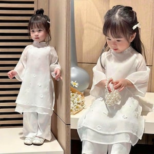 White Double Layer Ao Dai for Girls: Vietnamese Silk Dress