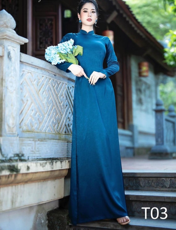 アオザイ レディースM ベロア 高級 紺色 白パンツ ショール付き M