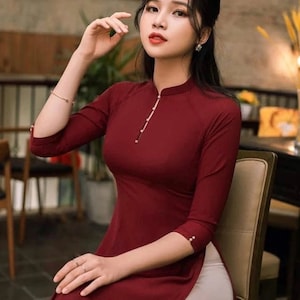 Maroon Vietnamese Traditional Ao Dai | Long Dress Ao Dai | Ao Dai Viet | Ao Dai Women | Included Pants | Ao Dai Tet | Áo Dài Lụa Vietnam