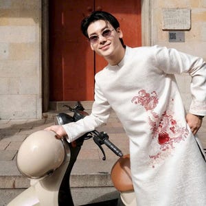 Cream Koi Fish Embroidered Ao Dai For Men | Traditional Ao Dai Vietnam For Men | Men Ao Dai | Ao Dai For Men | Ao Dai Tet, Special Events