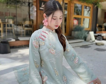 Lotus Pond Embellished Ao Dai Top - Vietnamese Dress - Pastel Blue Modern Tunic- 3X 4X