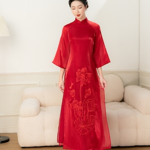 Red Lotus Embroidered Ao Dai: Vietnamese Silk Traditional Dress - Etsy