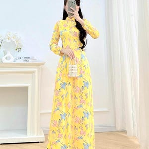 Yellow Silk Ao Dai Dress: Vietnamese Traditional Long Dress (No Pants Included