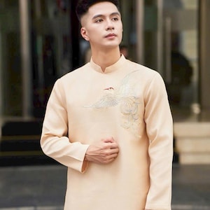 Light Yellow Embroidered Ao Dai For Men | Modern Vietnamese Outfit