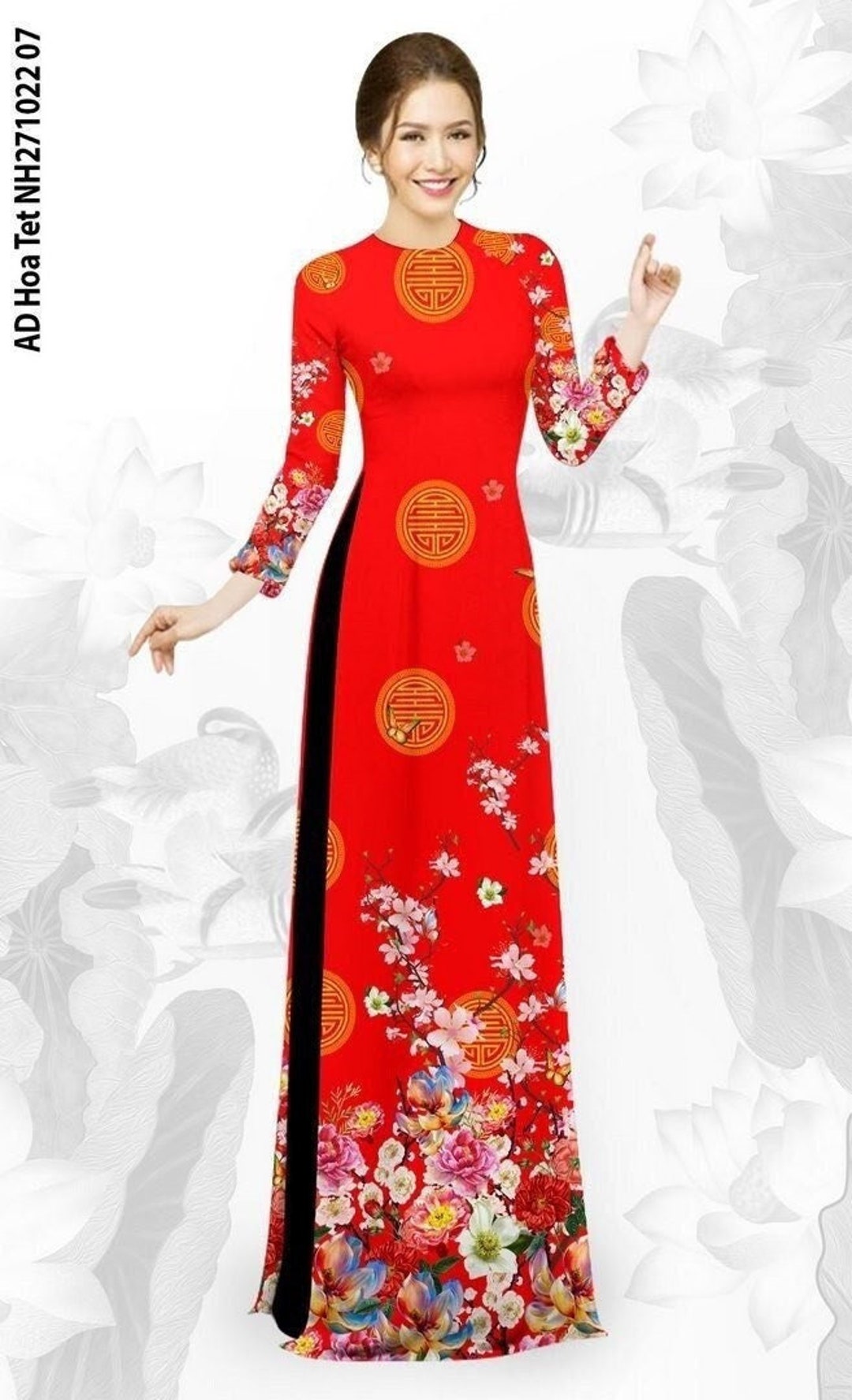 Red Floral Ao Dai Dress: Traditional Vietnamese Silk Outfit