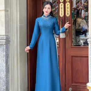 Blue Ao Dai with Crystals around collar | Ao Dai For Women | Ao Dai For Special Events | Traditional Vietnamese Ao Dai| No Pants | Size S-7X