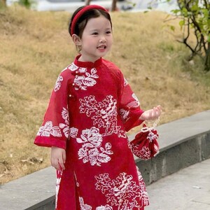 Red Girl String Sleeve Ao Dai Set 7E|Pre-made Traditional
