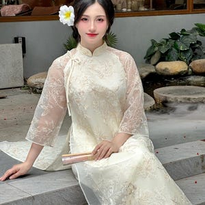 Cream Floral Embroidered Modernized Ao Dai - Ao Dai Top | Pre-made Vietnamese Ao Dai | Ao Dai For Women | Ao Dai For Special Events