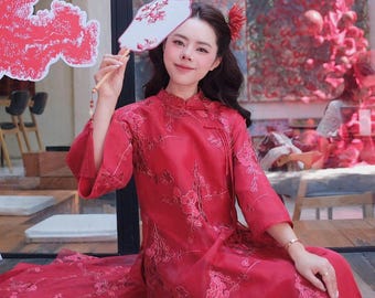 Deep Red Organza Ao Dai – Vietnamese Silk Wedding Festival Outfit (No Pants)