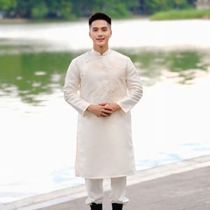 Embroidered White Ao Dai for Men: Vietnamese Traditional Dress