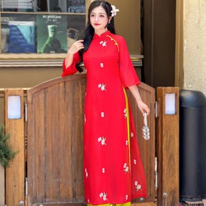 Red Modern Ao Dai | Vietnamese Ao dai For Women | Ao Dai With Pants | Ao dai For Special Events | Ao Dai up to 10X