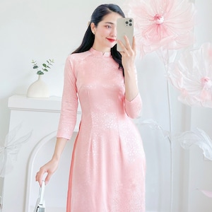 Pink Ao Dai Vietnamese Bridesmaid Gam Long Dress with White Pants | Ao Dai Women | Ao Dai Vietnam | Ao Dai Viet Nam | Ao Dai Dress