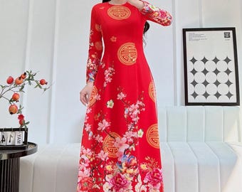 Ao Dai Vietnamita In Seta 3D Con Pantaloni - Taglia S, Ricamato Floreale (Donna)