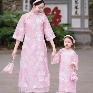 Pink Matching Mom & Daughter Ao Dai: Vietnamese Taffeta Silk Dress