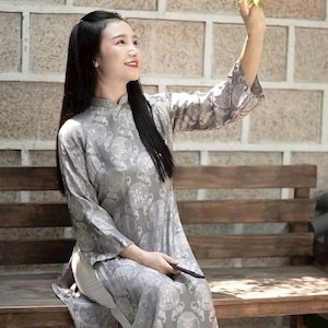 Áo Dài Lụa Nha Xá | Gray Traditional Vietnamese Ao Dai - No pants | Ao Dai Women | Ao Dai Girls | Vietnamese Dress | Ao Dai Vietnamese