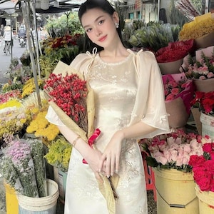 Cream Gấm Taffa Ao Dai With Sheer Sleeves | Pre-made Modernized Ao Dai | Ao Dai For Bridesmaids | Vietnamese Dress For Women |Ao Dai For Tet