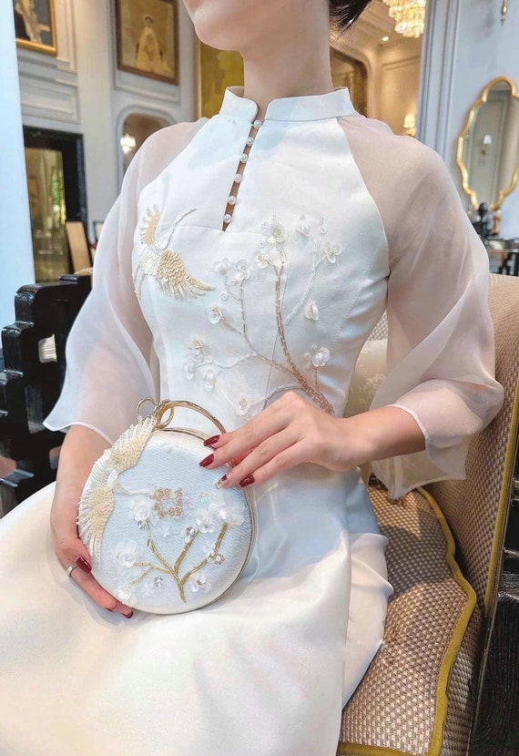 White Crane Beaded Ao Dai | Pre-made Modern Ao Dai Set | Ao White Crane Beaded Ao Dai | Pre-made Modern Ao Dai Set | Ao