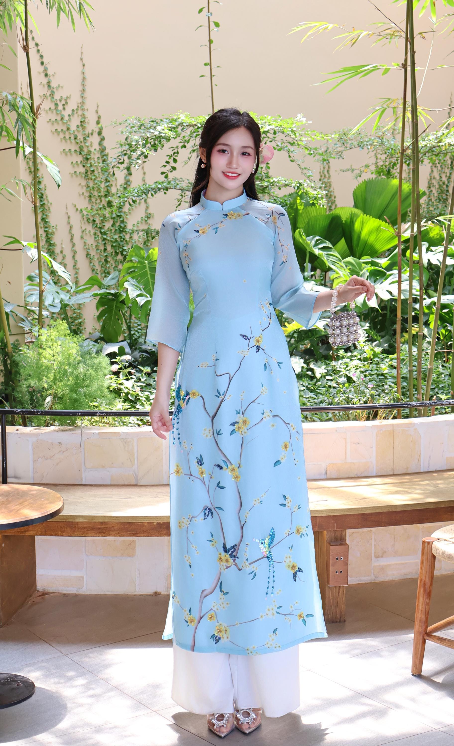 Blue Vietnamese Ao Dai Set | Kim Sa Double Layer Ao Dai | Women Ao Dai | Ao Dai For Girls | Ao Dai Viet | Vietnamese Long Dress | With Pants