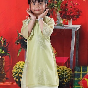 Green Modernized Ao Dai For Daughter  | Vietnamese Ao Dai For Kids | Ao Dai Viet Nam | Vietnamese Dress | Ao Dai Set For Girl