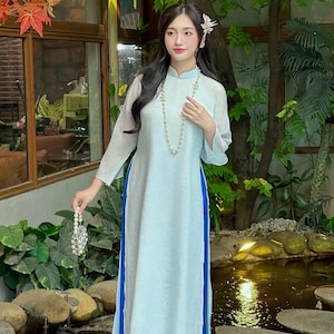 Shifted Modern Ao Dai Tơ Kim Sa | Pre-made Ao Dai Vietnam | Vietnamese Ao Dai | Ao Dai for Women | Lunar New Year | White\ blue Silk Pants