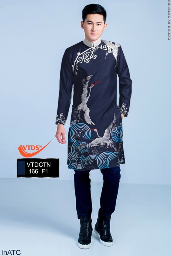 Blue Ao Dai for men, Vietnamese Tafta Long Dress for men, No pants G2